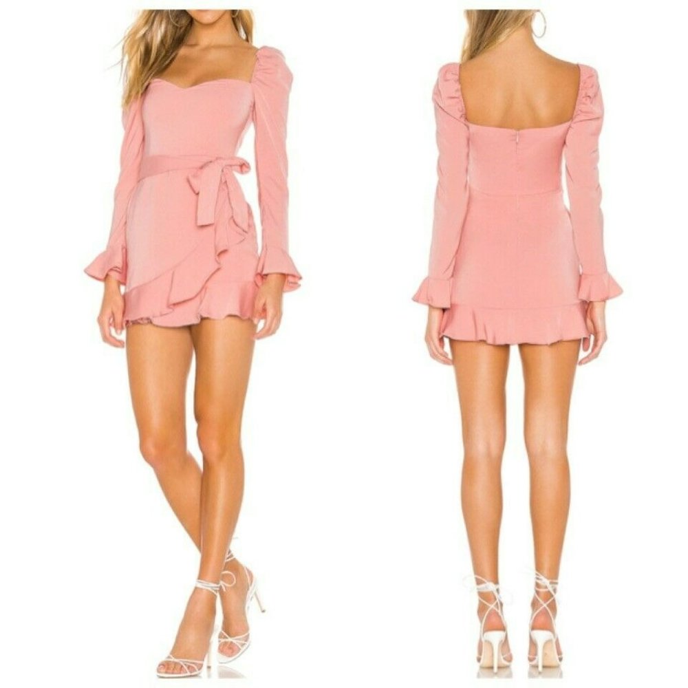 REVOLVE More To Come Khloe Ruffle Sleeve Mini Dress Size S Blush Pink Satin Belt